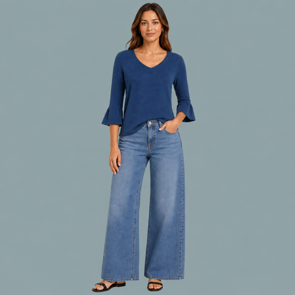 Anayi 38 Size Small S Blue Scoop Neck 3/4 Bell Sleeve Boxy Crop Wool Knit Top